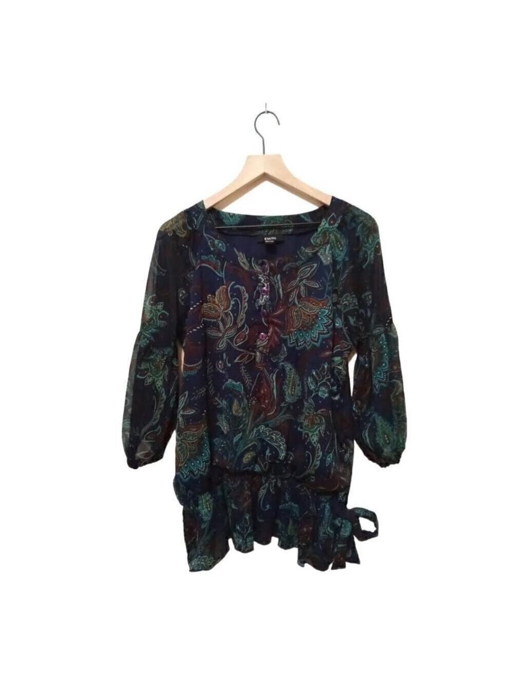 KAKTUS Navy Floral Scoop Neck Peplum 3/4 Sheer Sleeve Blouse Sz XL